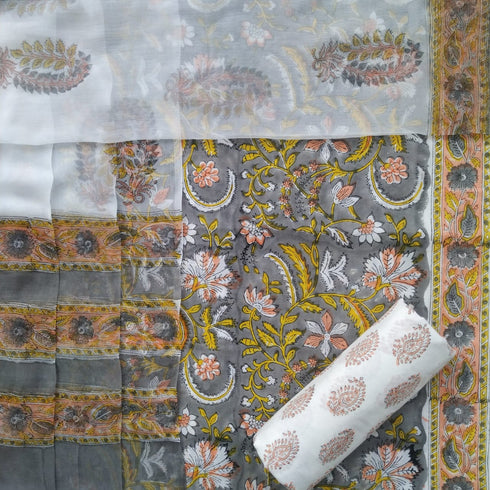 Designer Hand Block Print Cotton Suit Set with Chiffon Dupatta (PCHF29)